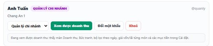 Cận cảnh thẻ một tài khoản Quản lý có nút xanh "Xem được doanh thu" và dòng giải thích bên dưới, tài khoản Chủ quán