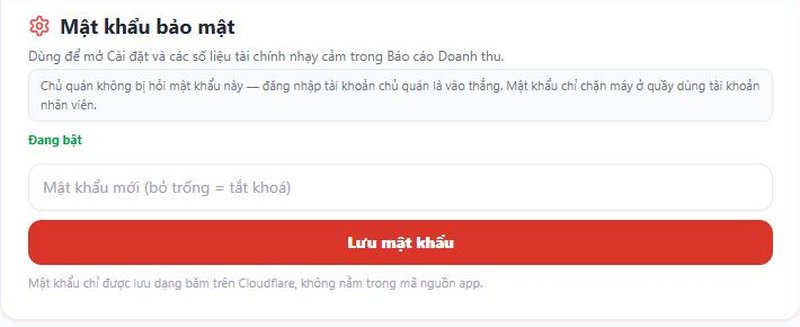 Thẻ Mật khẩu bảo mật trong Cài đặt với dòng "Đang bật", tài khoản Chủ quán