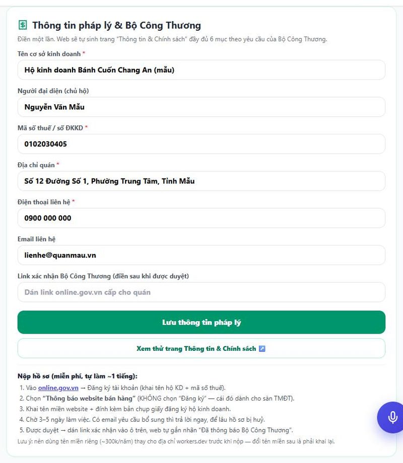 Thẻ Thông tin pháp lý & Bộ Công Thương đã điền đủ, tài khoản Chủ quán
