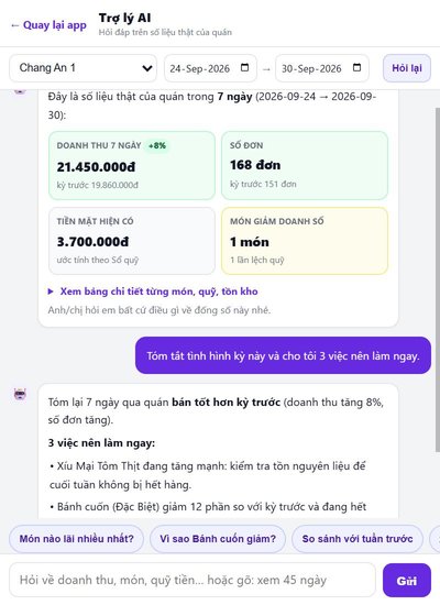 Trang Trợ lý AI có thẻ số liệu 7 ngày và một câu trả lời, tài khoản Chủ quán trên điện thoại