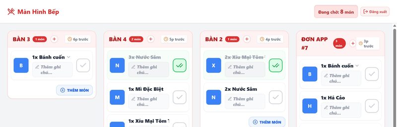 đầu Màn Hình Bếp với ô Đang chờ và nút Đăng xuất bên phải, tài khoản Bếp
