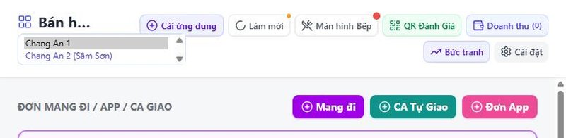 Đầu màn Bàn có ô chọn chi nhánh đang mở danh sách 2-3 chi nhánh, tài khoản Chủ quán