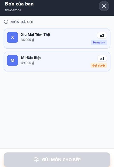 Trang theo dõi đơn mang đi trên điện thoại khách, giỏ có món nhãn Đợi duyệt/Đang làm; vai trò Khách