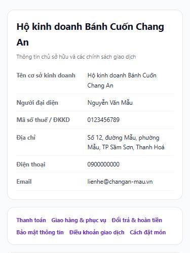 Trang Thông tin & Chính sách trên điện thoại, phần đầu có bảng thông tin quán và menu 6 mục