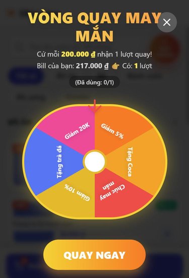 Khung VÒNG QUAY MAY MẮN trên điện thoại khách, thấy dòng "Bill của bạn" và nút QUAY NGAY; vai trò Khách