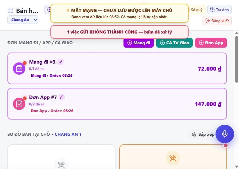Dải vàng "MẤT MẠNG — CHƯA LƯU ĐƯỢC LÊN MÁY CHỦ" trên màn Bàn — vai trò Thu ngân