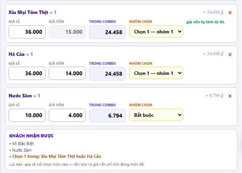 Khung COMBO GỒM CÁC MÓN có 2 món cùng "Chọn 1 — nhóm 1" và khối KHÁCH NHẬN ĐƯỢC, tài khoản Chủ quán