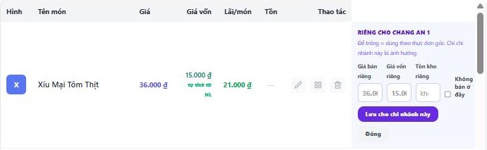Dòng "RIÊNG CHO [tên chi nhánh]" đang mở với 4 ô và 3 nút, tài khoản Chủ quán có 2 chi nhánh
