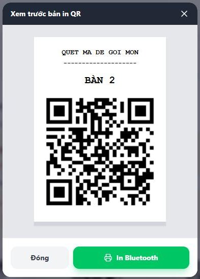 Khung "Xem trước bản in QR" của một bàn với nút Đóng và In Bluetooth; vai trò Quản lý