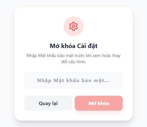 Màn "Mở khóa Cài đặt" có ô nhập mật khẩu và 2 nút Quay lại, Mở khóa, tài khoản Quản lý