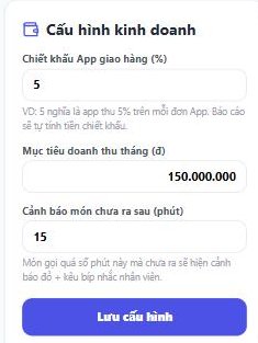 thẻ Cấu hình kinh doanh trong Cài đặt: 3 ô Chiết khấu App, Mục tiêu doanh thu tháng, Cảnh báo món chưa ra và nút Lưu cấu
