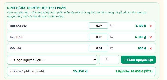 khung "Định lượng nguyên liệu cho 1 phần" của một món đang sửa (nền cam), có 3 dòng nguyên liệu, dòng Giá vốn 1 phần (tự