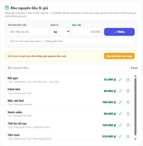 thẻ Kho nguyên liệu & giá có vài nguyên liệu, dải vàng "Có n món có giá vốn chưa khớp giá nguyên liệu mới." và nút Cập n