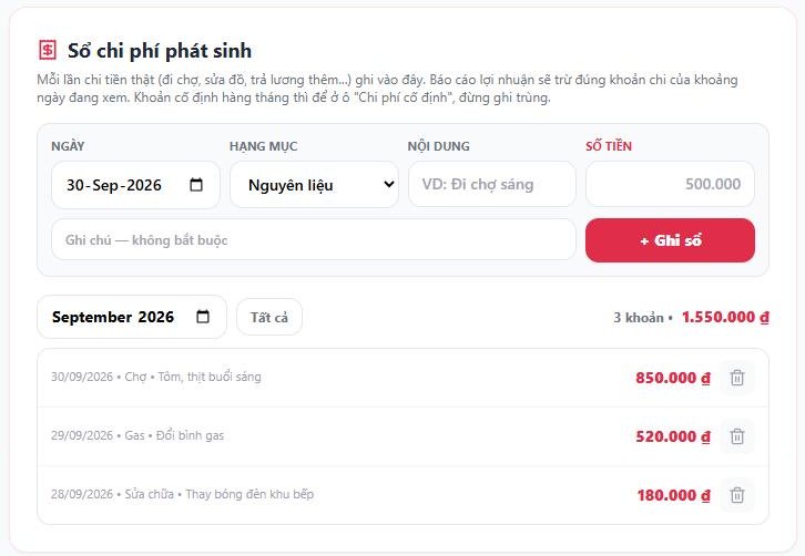 thẻ Sổ chi phí phát sinh: khung nhập (Ngày, Hạng mục, Nội dung, Số tiền), ô chọn tháng, nút Tất cả, dòng "n khoản • tổng