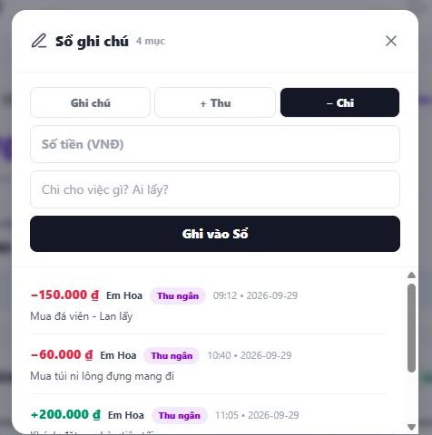 Hộp "Sổ ghi chú" đang chọn "− Chi", có ô Số tiền và danh sách các dòng đã ghi — vai trò Thu ngân