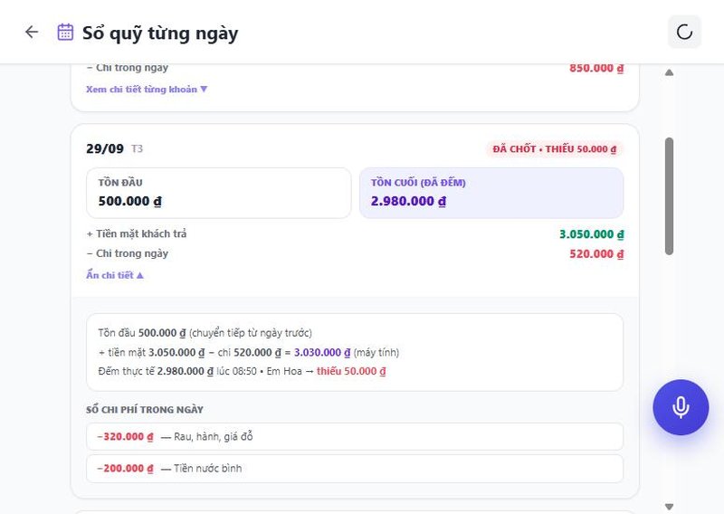 Màn "Sổ quỹ từng ngày" với danh sách ngày và một ngày đã bung "Xem chi tiết từng khoản" — vai trò Thu ngân