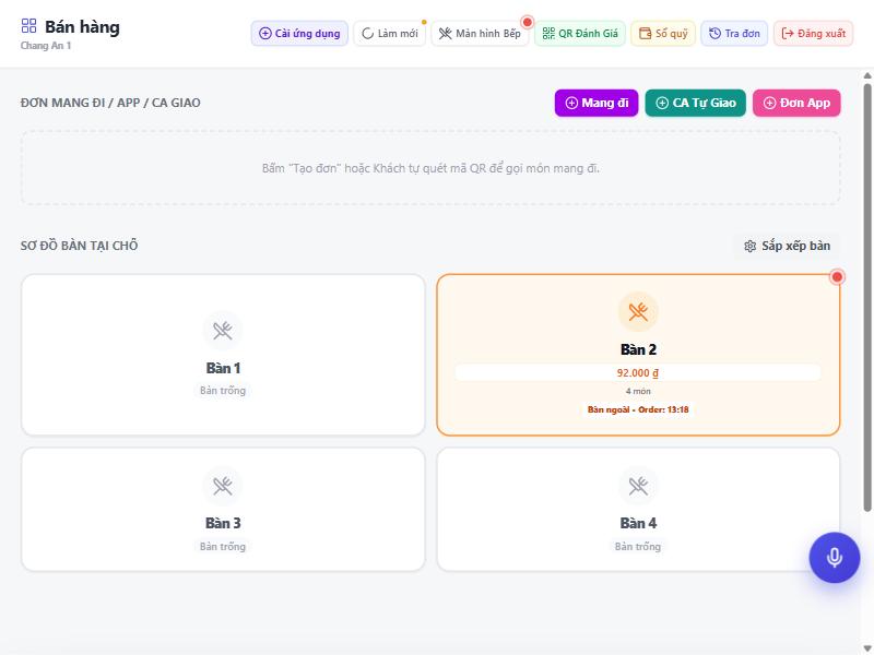 Nút micro tròn màu xanh dương ở góc dưới bên phải màn hình