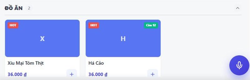 Màn gọi món có 3 món mang nhãn Còn 12 (xanh), Còn 4 (vàng), HẾT (đen), tài khoản Thu ngân