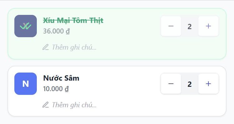giỏ hàng có một món đã đánh dấu đã lên (ảnh phủ dấu tích, tên gạch ngang xanh) cạnh món chưa ra