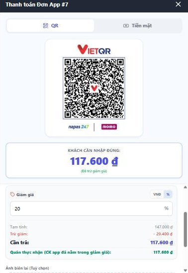 Khung Thanh toán của một Đơn App: ô % đã điền sẵn chiết khấu và dòng xanh "Quán thực nhận (CK app đã nằm trong giảm giá)
