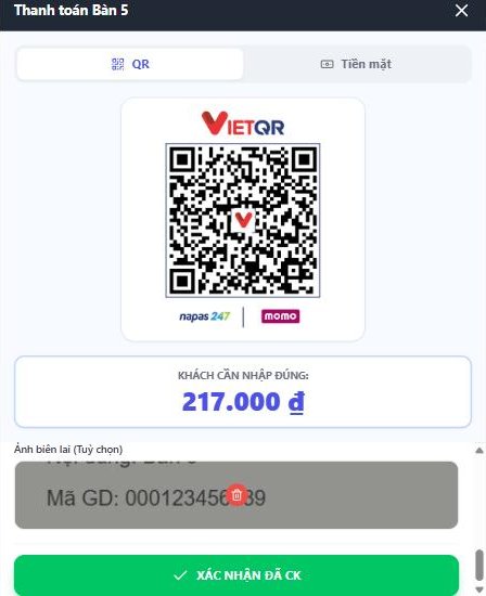 Khung Thanh toán ở chế độ QR, đã chọn một ảnh biên lai (thấy ảnh nhỏ và nút thùng rác đỏ); vai trò Thu ngân