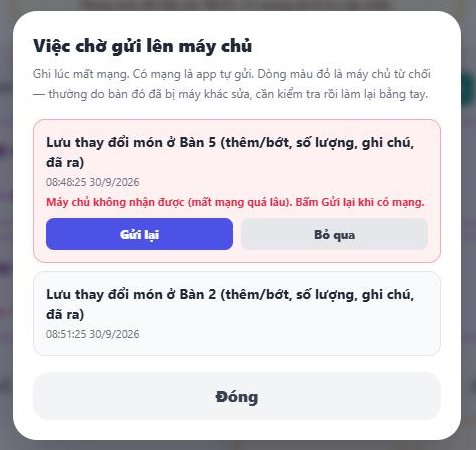 Bảng "Việc chờ gửi lên máy chủ" có một dòng đỏ với nút Gửi lại và Bỏ qua — vai trò Thu ngân